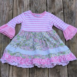 Three Sisters 18 Months Bell Sleeve Ruffle Skirt Dress Floral Pink White Stripes